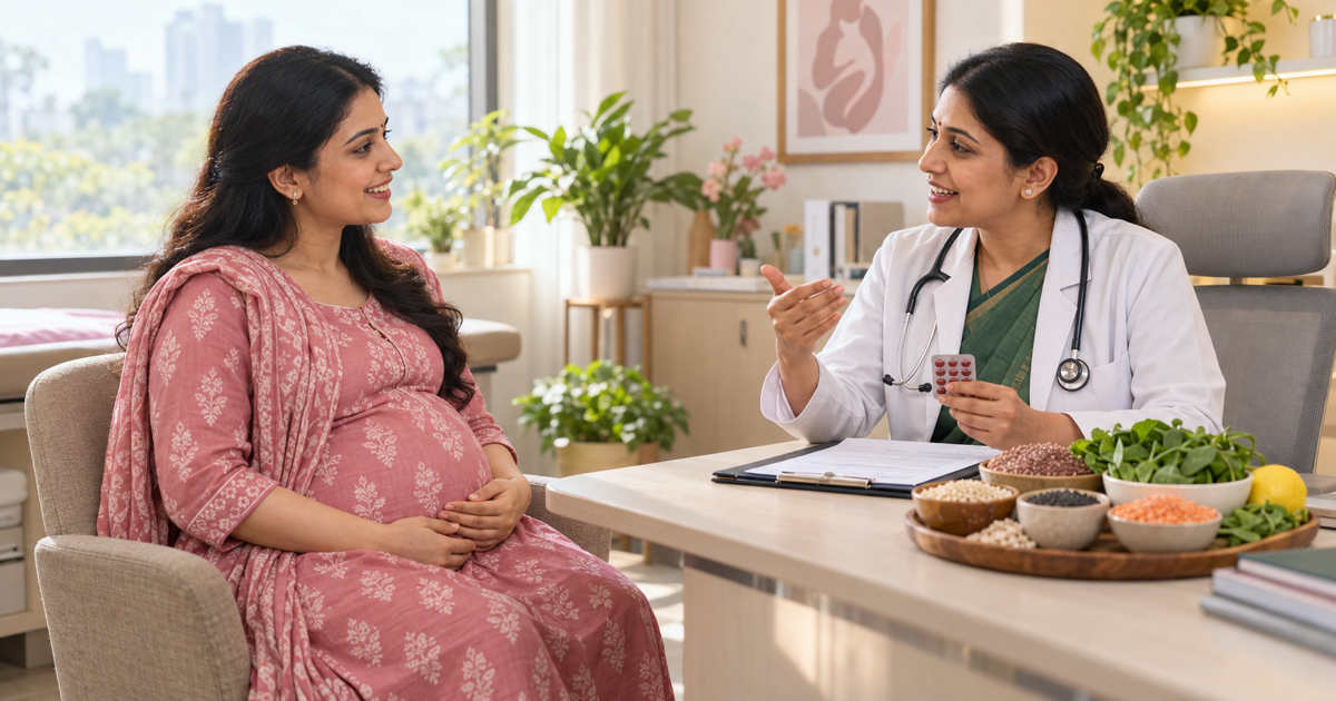 Pregnant Indian woman discussing anaemia, iron-rich foods and iron supplementation with an obstetrician