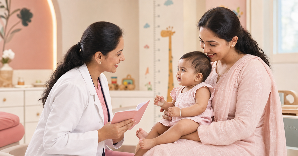 Indian mother and baby speaking with a paediatrician during a first-year care visit