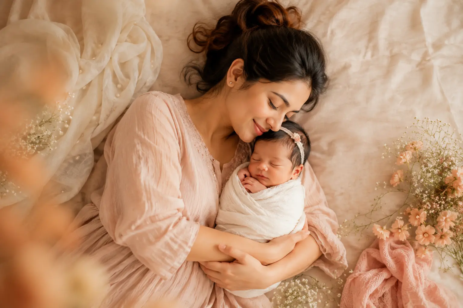 Indian mother holding her newborn during early postnatal care
