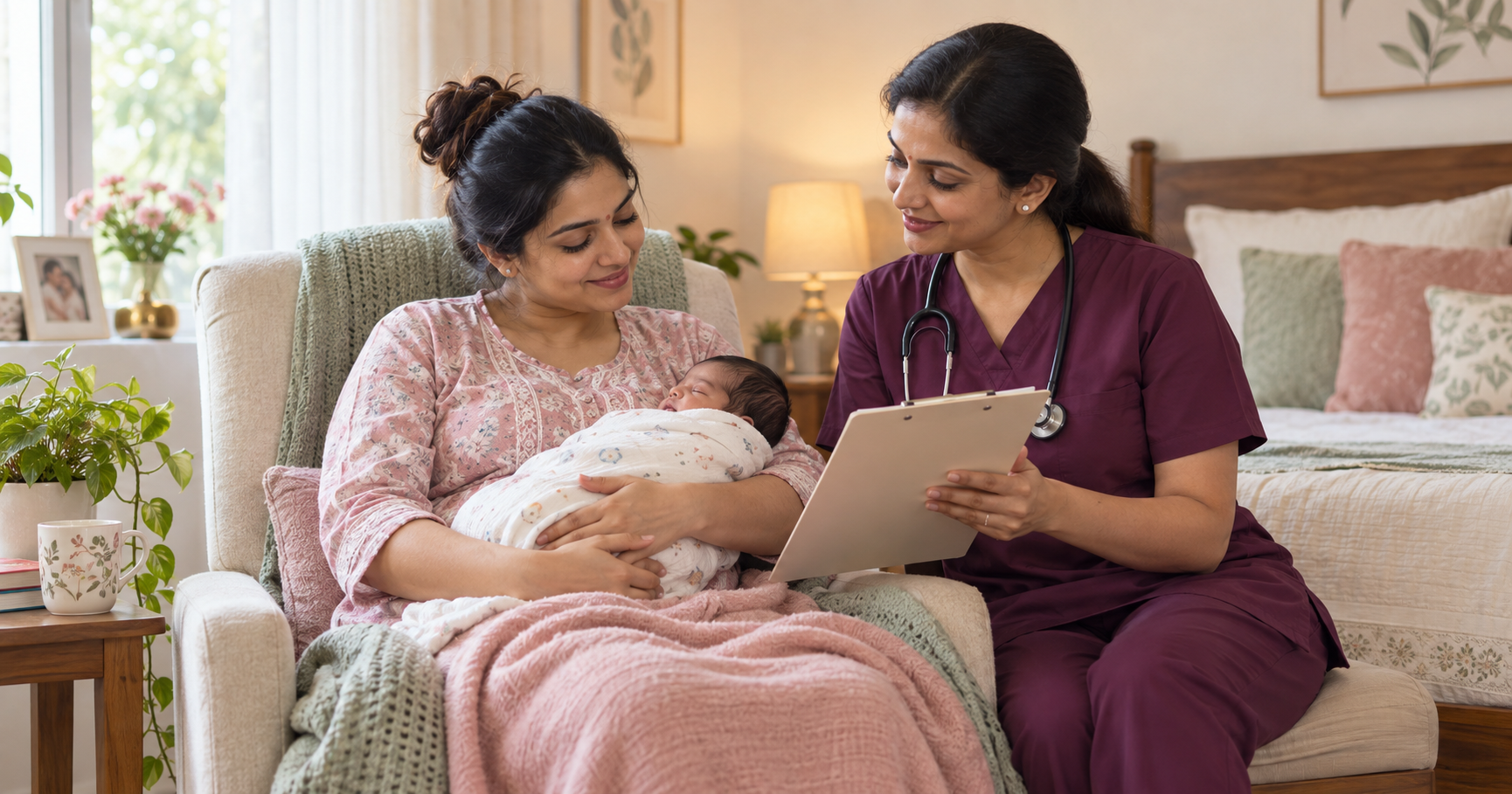 Indian mother resting with her newborn while a postnatal nurse reviews her C-section recovery plan