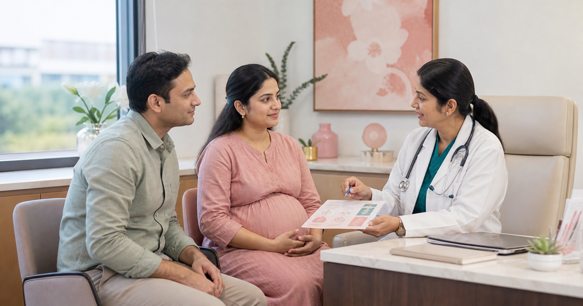 Indian expectant mother and her partner discussing a birth plan with an obstetrician
