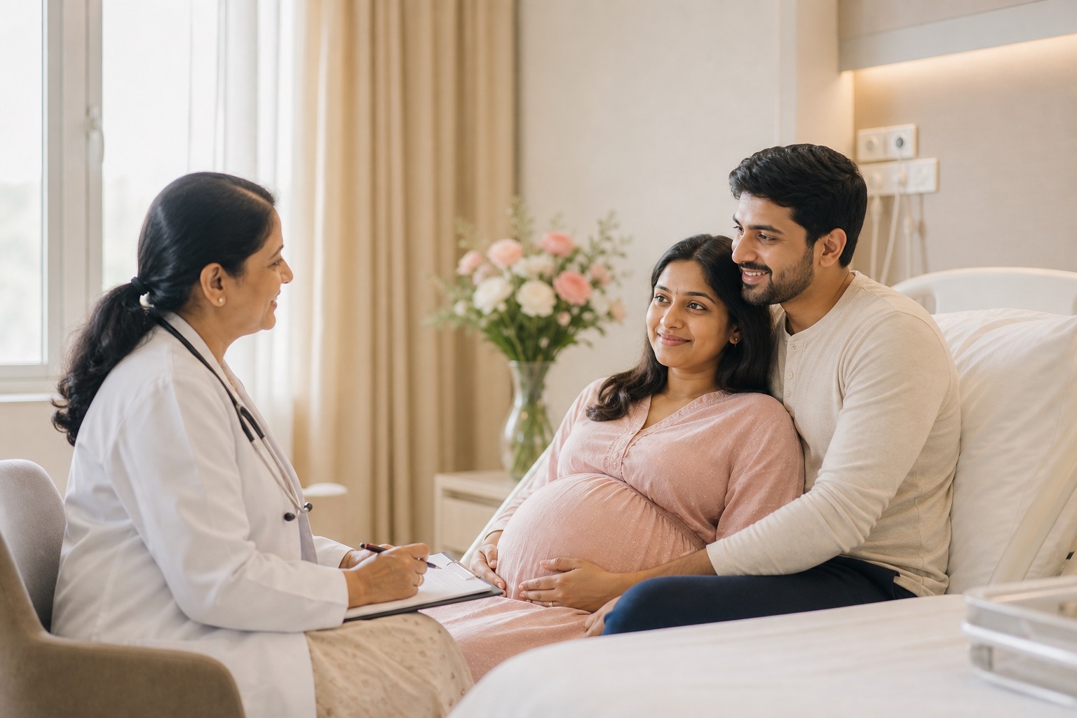 Doctor consulting with expectant mother at Femme Nest Hospital