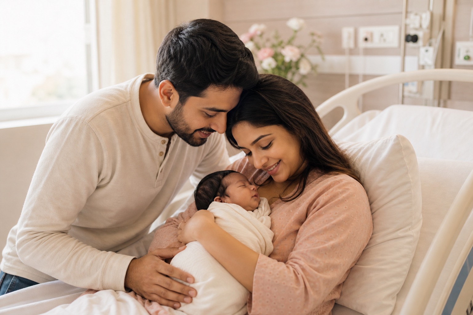 Indian parents with their newborn in a premium maternity room at Femme Nest Hospital