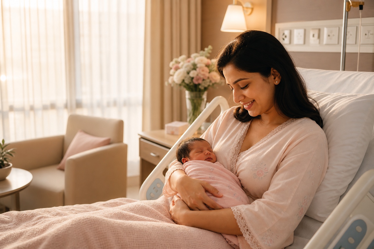 Indian mother holding her newborn in a calm maternity recovery room