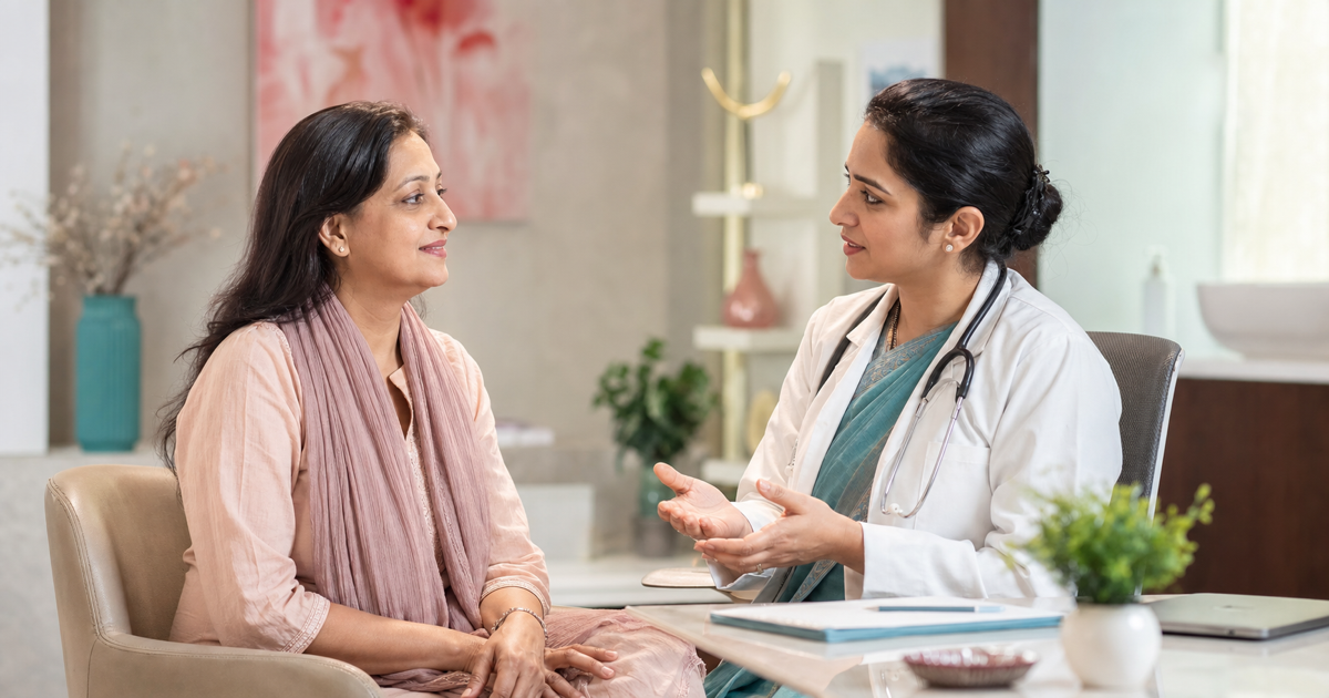 Indian woman discussing menopause care with a female gynaecologist