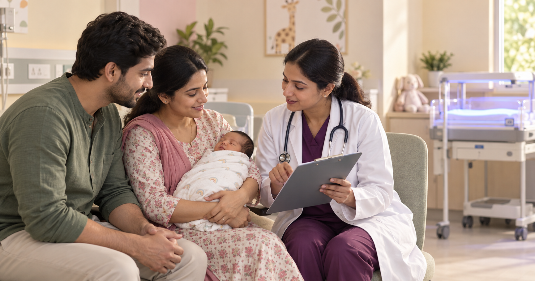 Indian parents discussing their newborn's jaundice check with a paediatrician