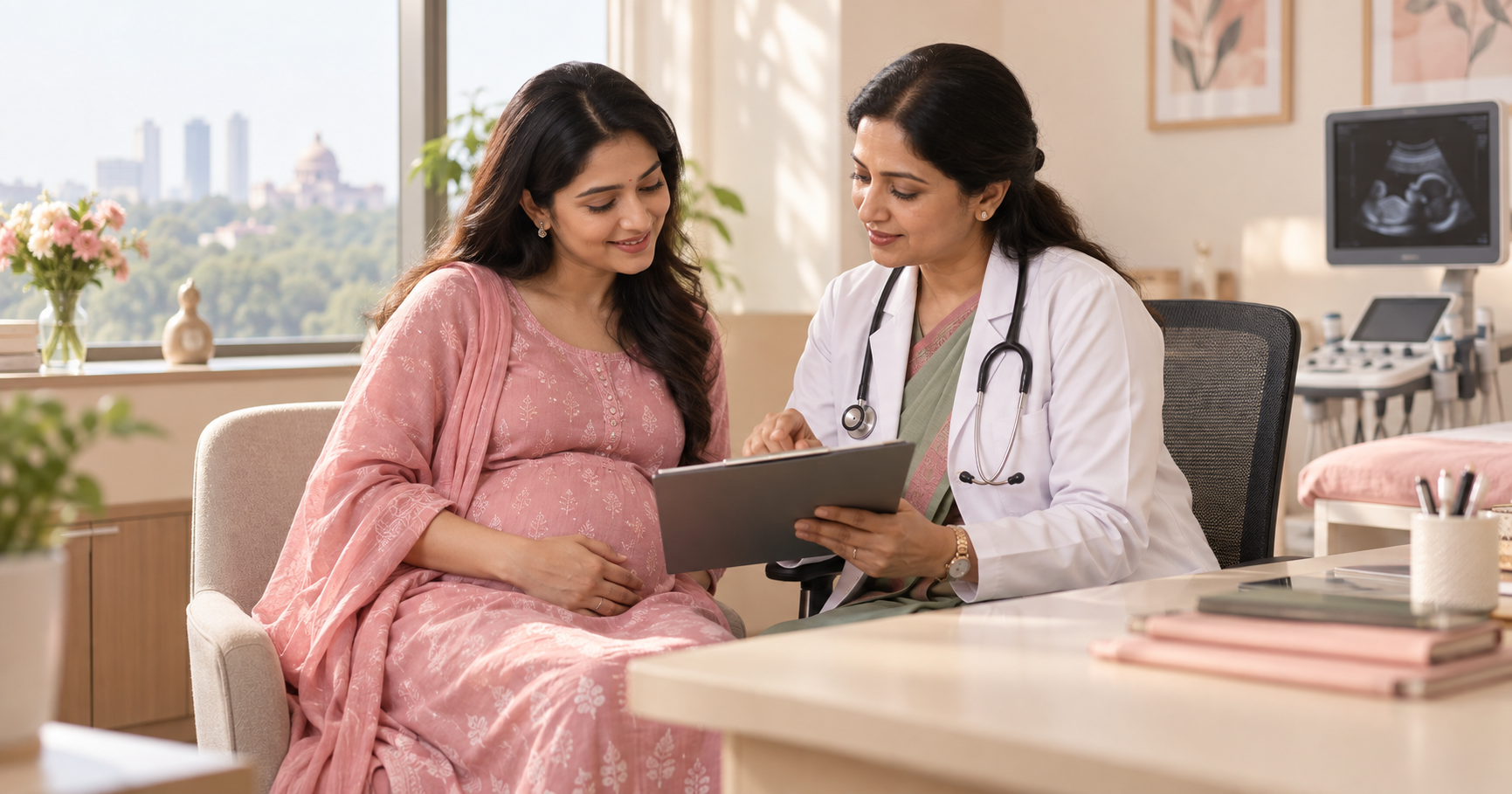 Pregnant Indian woman discussing prenatal screening results with an obstetrician