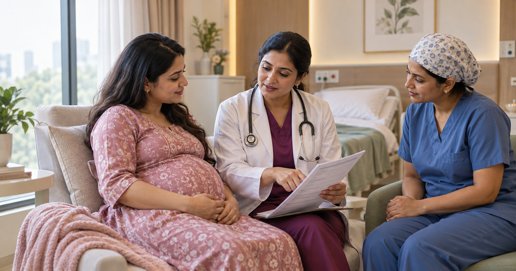 Pregnant Indian woman discussing epidural pain relief with an obstetrician and anaesthesiologist
