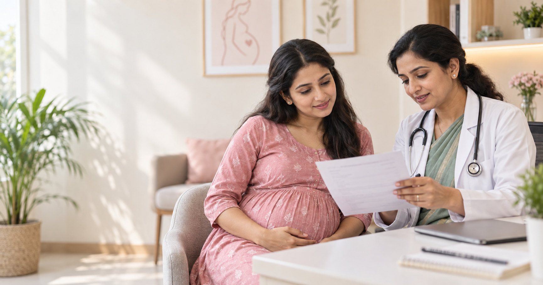 Indian pregnant woman reviewing a thyroid blood-test report with an obstetrician